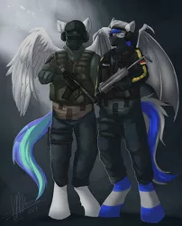 Size: 1280x1585 | Tagged: safe, artist:hoof34, derpibooru import, oc, oc:moonslurps, oc:storm feather, unofficial characters only, anthro, bat pony, pegasus, unguligrade anthro, armor, bat pony oc, bat wings, clothes, duo, gun, helmet, male, pegasus oc, weapon, wings