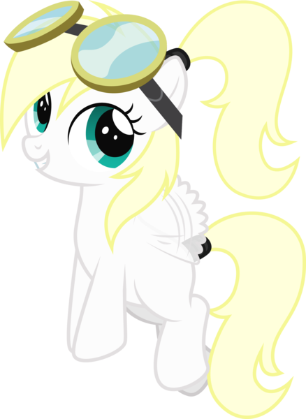 Size: 1854x2541 | Tagged: safe, artist:lightning stripe, derpibooru import, oc, oc:luftkrieg, unofficial characters only, pegasus, pony, blank flank, blonde, commission, cute, female, filly, fluttering, flying, foal, goggles, grin, ocbetes, pegasus oc, ponytail, show accurate, simple background, smiling, solo, tail wrap, teal eyes, transparent background, vector, white coat, wings, yellow mane