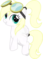 Size: 1854x2541 | Tagged: safe, artist:lightning stripe, derpibooru import, oc, oc:luftkrieg, unofficial characters only, pegasus, pony, blank flank, blonde, commission, cute, female, filly, fluttering, flying, foal, goggles, grin, ocbetes, pegasus oc, ponytail, show accurate, simple background, smiling, solo, tail wrap, teal eyes, transparent background, vector, white coat, wings, yellow mane