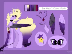 Size: 960x720 | Tagged: safe, artist:saladstarry, derpibooru import, oc, oc:star heart, unofficial characters only, alicorn, pony, alicorn oc, braid, choker, female, horn, looking back, mare, reference sheet, solo, two toned wings, wings