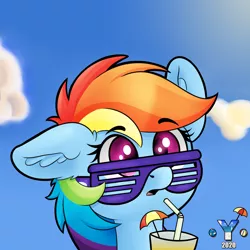 Size: 2000x2000 | Tagged: safe, alternate version, artist:yelowcrom, derpibooru import, rainbow dash, pegasus, pony, bust, cloud, drink, ear down, ear fluff, female, glasses, mare, open mouth, outdoors, shutter shades, simple background, solo, straw, summer, sunglasses, surprised