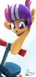 Size: 1080x2250 | Tagged: safe, artist:raphaeldavid, derpibooru import, scootaloo, pegasus, pony, female, filly, helmet, mid-air, scooter, scooting, solo