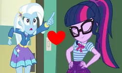 Size: 1798x1078 | Tagged: safe, derpibooru import, edit, edited screencap, screencap, sci-twi, trixie, twilight sparkle, equestria girls, equestria girls series, forgotten friendship, holidays unwrapped, spoiler:eqg series (season 2), cute, eyes closed, female, geode of telekinesis, lesbian, love, magical geodes, sci-twixie, shipping, shipping domino, the cider louse fools, twiabetes, twixie