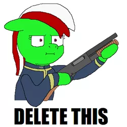 Size: 400x400 | Tagged: safe, artist:busterbuizel, derpibooru import, oc, oc:wandering sunrise, earth pony, pony, fallout equestria, fallout equestria: dead tree, :i, crossing the memes, delet this, eyestrain warning, fallout, gun, i mean i see, meme, shotgun, weapon