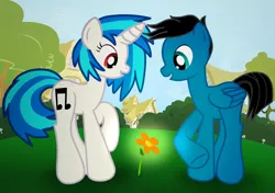 Size: 8544x6008 | Tagged: safe, artist:agkandphotomaker2000, derpibooru import, vinyl scratch, oc, oc:pony video maker, pegasus, pony, unicorn, admiration, building, bush, canon x oc, female, flower, grass, male, ponyville, raised hoof, shipping, show accurate, straight, stumbling upon, tree, videoscratch