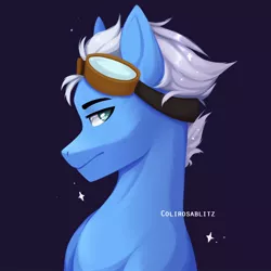 Size: 1334x1334 | Tagged: safe, artist:colirosablitz, derpibooru import, oc, oc:winter roll, earth pony, pony, blue background, blue body, blue coat, blue eyes, foal, goggles, high res, looking back, male, simple background, solo, stallion, white hair