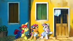 Size: 2560x1440 | Tagged: safe, artist:anticular, derpibooru import, apple bloom, scootaloo, sweetie belle, earth pony, pegasus, pony, unicorn, chest fluff, clothes, cutie mark crusaders, dress, female, filly, hat, italy, jeans, looking at each other, mare, overalls, pants, shirt, smiling, sun hat, sunglasses, t-shirt, trio, wallpaper