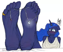 Size: 2666x2188 | Tagged: suggestive, artist:fetishsketches, derpibooru import, princess luna, anthro, barefoot, big feet, blushing, breasts, cleavage, doodle, feet, female, fetish, foot fetish, foot focus, jewelry, soles, solo, solo female, toe ring, tongue out