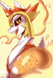 Size: 1200x1746 | Tagged: safe, artist:johnjoseco, derpibooru import, daybreaker, princess celestia, alicorn, pony, black sclera, butt, daybutt, fangs, female, lidded eyes, looking at you, looking back, looking back at you, mane of fire, mare, open mouth, plot, praise the sun, sharp teeth, signature, solo, teeth