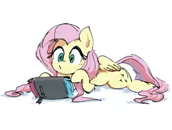 Size: 1600x1200 | Tagged: safe, artist:nendo, derpibooru import, fluttershy, pegasus, pony, colored, colored sketch, console, cute, female, gaming, lying down, mare, nintendo, nintendo switch, shyabetes, simple background, solo, white background