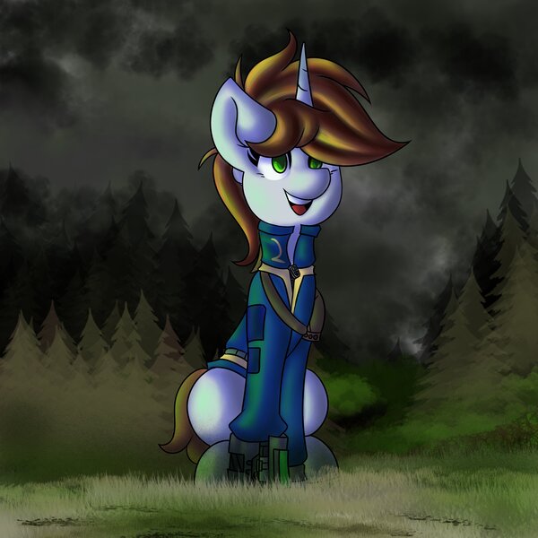 Size: 4096x4096 | Tagged: safe, artist:kranonetwork, derpibooru import, oc, oc:littlepip, pony, unicorn, fallout equestria, clothes, cloud, cute, field, fog, forest, outdoors, sitting, solo, stable 2, stable-tec, tree, vault suit