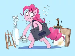 Size: 1600x1200 | Tagged: safe, artist:nendo, derpibooru import, pinkie pie, earth pony, pony, bag, bipedal, construction, craft, female, sculpture, solo, sweat, toolbox