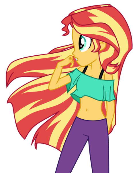 Size: 1024x1304 | Tagged: safe, artist:danmakuman, artist:emeraldblast63, derpibooru import, sunset shimmer, equestria girls, belly button, breasts, cleavage, clothes, cute, female, midriff, profile, shimmerbetes, short shirt, simple background, solo, strap, trace, transparent background, wind, windswept hair