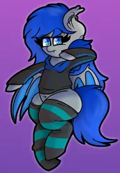 Size: 815x1180 | Tagged: safe, artist:retro_hearts, derpibooru import, oc, oc:aquamarine midnights, unofficial characters only, bat pony, pony, bat wings, clothes, female, gradient background, hoodie, looking at you, mare, socks, solo, striped socks, wings