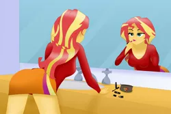 Size: 2489x1660 | Tagged: safe, artist:a-strange-cloud, derpibooru import, sunset shimmer, equestria girls, ass, bedroom eyes, bend over, bunset shimmer, butt, clothes, female, lipstick, makeup, mirror, reflection, shirt, sink, skirt, spread legs, spreading