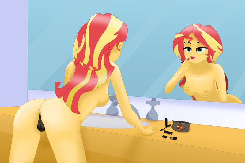 Size: 2489x1660 | Tagged: questionable, artist:a-strange-cloud, derpibooru import, sunset shimmer, equestria girls, ass, bedroom eyes, bend over, black panties, breasts, bunset shimmer, butt, clothes, female, lipstick, makeup, mirror, nipples, nudity, panties, partial nudity, reflection, sink, spread legs, spreading, thong, topless, underwear