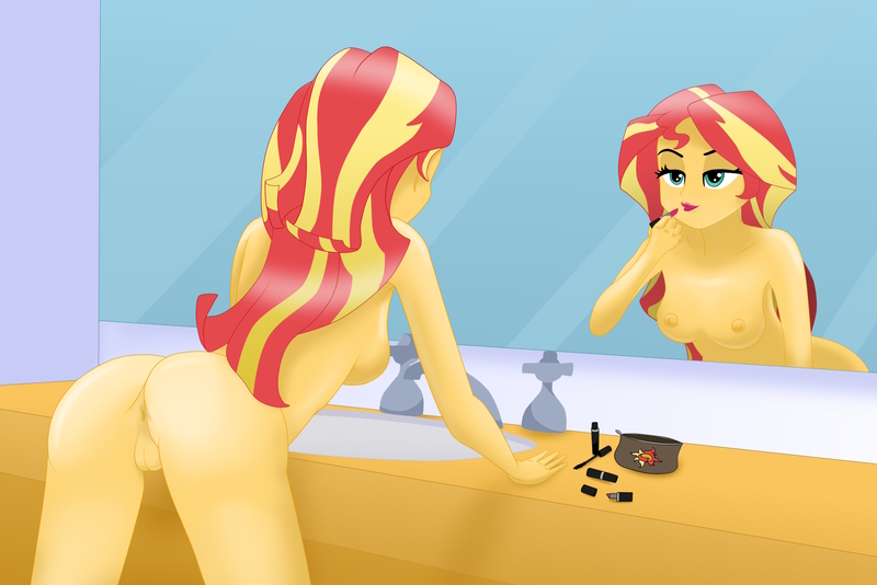 Size: 2489x1660 | Tagged: explicit, artist:a-strange-cloud, derpibooru import, sunset shimmer, equestria girls, anus, ass, bedroom eyes, bend over, breasts, bunset shimmer, busty sunset shimmer, butt, complete nudity, cosmetics, female, image, jpeg, lipstick, makeup, mirror, nipples, nudity, reflection, sink, solo, solo female, spread legs, spreading, vulva