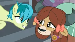 Size: 1366x768 | Tagged: safe, derpibooru import, screencap, sandbar, yona, earth pony, pony, yak, a matter of principals, cute, looking at each other, monkey swings, shipping fuel, smiling, yonadorable