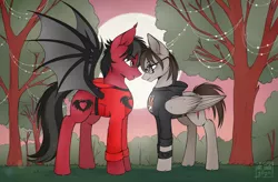 Size: 2404x1576 | Tagged: safe, artist:das_leben, derpibooru import, ponified, bat pony, pegasus, pony, bat wings, clandestine industries, clothes, commission, ear fluff, emo, fall out boy, fangs, folded wings, gay, glasses, grass, hoodie, looking at each other, male, mikey way, my chemical romance, pete wentz, shipping, slit eyes, spread wings, stallion, standing, tree, wings, wristband, ych result