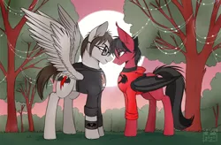Size: 2404x1576 | Tagged: safe, alternate version, artist:das_leben, derpibooru import, ponified, bat pony, pegasus, pony, bat wings, clandestine industries, clothes, commission, ear fluff, emo, fall out boy, fangs, folded wings, gay, glasses, grass, hoodie, looking at each other, male, mikey way, my chemical romance, pete wentz, shipping, slit eyes, spread wings, stallion, standing, tree, wings, wristband, ych result