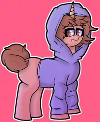 Size: 1071x1310 | Tagged: safe, artist:retro_hearts, derpibooru import, oc, oc:zippy, unofficial characters only, pony, unicorn, blushing, clothes, hoodie, male, shy, simple background, squirrel tail