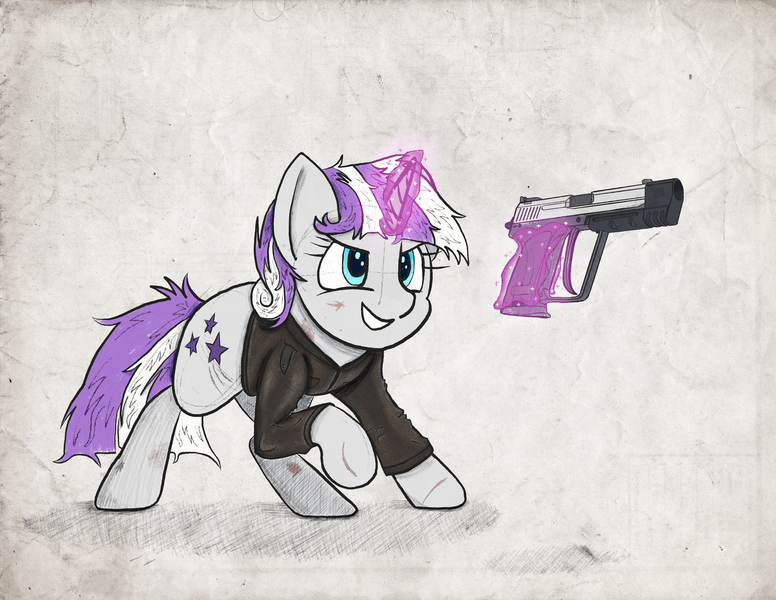 Size: 3300x2550 | Tagged: safe, artist:cyonixcymatro, artist:seriff-pilcrow, derpibooru import, twilight velvet, pony, unicorn, series:daring did tales of an adventurer's companion, clothes, colored sketch, fanfic art, female, gun, handgun, jacket, leather jacket, levitation, magic, mama bear, pistol, scar, smiling, solo, telekinesis, usp, usp match, weapon