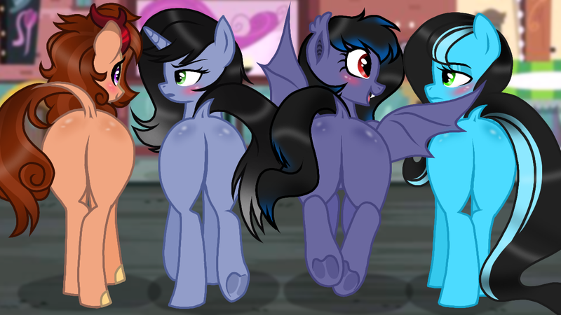 Size: 1280x720 | Tagged: suggestive, artist:jvarts6112, derpibooru import, oc, oc:blazing smart, oc:madshy, oc:rouse black, oc:shainer shrapnel shock, bat pony, kirin, pegasus, pony, unicorn, ass, bisexual, blushing, butt, doom equestria, female, females only, group, light, mane, manehattan, sex