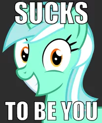 Size: 765x922 | Tagged: safe, derpibooru import, lyra heartstrings, pony, unicorn, big smile, caption, gray background, image macro, irrational exuberance, simple background, smiling, smiling at you, solo, text