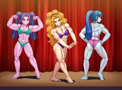 Size: 800x595 | Tagged: suggestive, artist:tzc, derpibooru import, part of a set, adagio dazzle, aria blaze, sonata dusk, equestria girls, abs, acardio dazzle, anime, aria brute, ass, back muscles, barefoot, belly button, biceps, bikini, bodybuilder, breasts, busty adagio dazzle, butt, clothes, commission, curtains, feet, female, fetish, flexing, looking at you, looking back, muscle fetish, muscles, muscular female, pecs, sexy, smiling, stage, stupid sexy adagio dazzle, stupid sexy aria blaze, stupid sexy sonata dusk, swimsuit, swolenata dusk