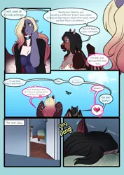 Size: 3472x4911 | Tagged: safe, artist:blackblood-queen, derpibooru import, oc, oc:brigadeiro drizzle, oc:daniel dasher, oc:dusk flame, oc:lady lovegreen, unofficial characters only, anthro, dracony, dragon, hybrid, pegasus, comic:be there, anthro oc, bed, breasts, chest fluff, cleavage, clothes, crossdressing, dialogue, digital art, drag queen, eyeshadow, female, image, leonine tail, lipstick, makeup, male, pegasus oc, png, rear view, speech bubble, wings