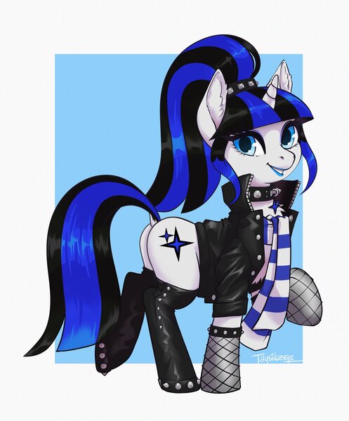 Size: 1698x2048 | Tagged: safe, artist:taytinabelle, derpibooru import, oc, oc:coldlight bluestar, unofficial characters only, pony, unicorn, boots, bracelet, butt, chest fluff, choker, clothes, collar, cutie mark necklace, dock, ear fluff, female, fishnets, happy, hoof boots, jacket, jewelry, leather, leather boots, leather jacket, lipstick, looking at you, mare, necklace, open mouth, ponytail, popped collar, raffle prize, raised hoof, raised tail, rolled up sleeves, scarf, shoes, side view, simple background, smiling, solo, studded bracelet, studded choker, tail