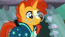 Size: 1280x720 | Tagged: safe, derpibooru import, screencap, sunburst, pony, unicorn, the crystalling, clothes, glasses, male, robe, smiling, solo, stallion, sunburst's glasses, sunburst's robe