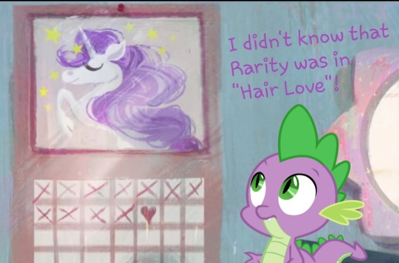 Size: 818x540 | Tagged: safe, derpibooru import, edit, screencap, vector edit, rarity, spike, pony, unicorn, calendar, cameo, easter egg, hair love, purple hair, sony pictures animation, vector