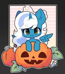 Size: 980x1125 | Tagged: safe, derpibooru import, oc, oc:fleurbelle, alicorn, pony, :3, adorabelle, adorable face, alicorn oc, autumn, bow, chibi, cute, ear fluff, female, hair bow, halloween, holiday, horn, looking at you, mare, pink bow, pumpkin, pumpkin patch, seasonal, simple background, sweet, wings, yellow eyes