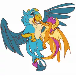 Size: 2075x2076 | Tagged: safe, artist:g-elric, derpibooru import, gallus, smolder, dragon, gryphon, female, male, older, shipping, simple background, smollus, straight, white background
