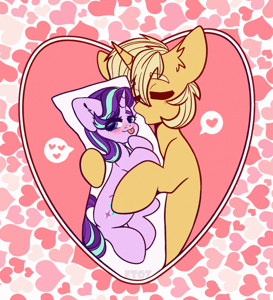 Size: 2000x2200 | Tagged: safe, artist:etoz, derpibooru import, starlight glimmer, oc, oc:sunlight bolt, pony, unicorn, blushing, body pillow, canon x oc, commission, cute, female, glimmbolt, happy, heart, high res, horn, kissing, male, mare, pillow, shipping, stallion, tongue out, unicorn oc, ych result