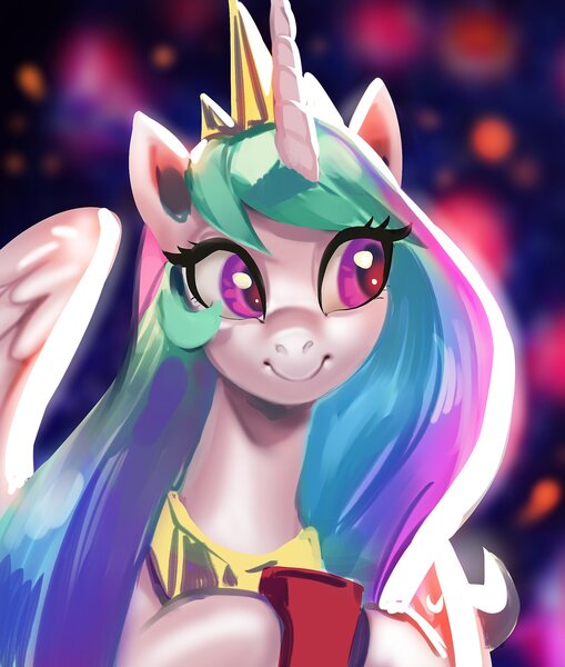 Size: 2121x2500 | Tagged: safe, artist:eustac3, artist:vradurenu, derpibooru import, princess celestia, alicorn, pony, abstract background, cup, cute, cutelestia, eye clipping through hair, female, jewelry, looking to side, mare, regalia, smiling, solo