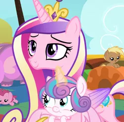 Size: 1712x1687 | Tagged: safe, derpibooru import, screencap, coconut palm, cranberry pit, princess cadance, princess flurry heart, alicorn, pony, once upon a zeppelin, cropped, female, filly, magic, mare