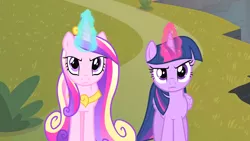 Size: 1920x1080 | Tagged: safe, derpibooru import, screencap, princess cadance, twilight sparkle, twilight sparkle (alicorn), alicorn, pony, three's a crowd, angry, annoyed, duo, female, looking at you, magic, sisters-in-law