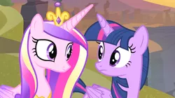 Size: 1920x1080 | Tagged: safe, derpibooru import, screencap, princess cadance, twilight sparkle, twilight sparkle (alicorn), alicorn, pony, three's a crowd, duo, female, looking at each other, sisters-in-law