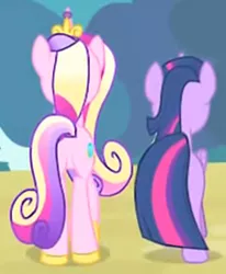 Size: 732x889 | Tagged: safe, derpibooru import, screencap, princess cadance, twilight sparkle, twilight sparkle (alicorn), alicorn, pony, three's a crowd, butt, cropped, duo, female, lovebutt, plot, sisters-in-law, tail