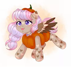 Size: 1280x1213 | Tagged: safe, artist:bylullabysoft, derpibooru import, oc, unofficial characters only, pegasus, pony, :p, clothes, costume, digital art, female, flying, mare, pumpkin, simple background, solo, spread wings, tongue out, white background, wings