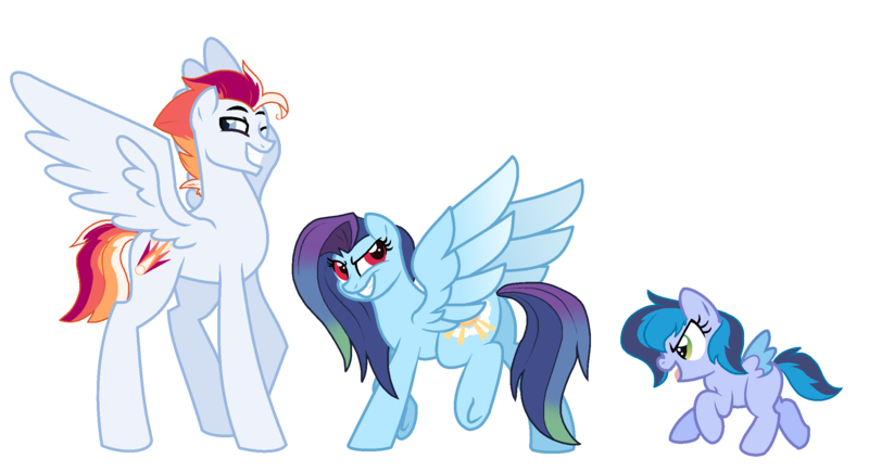 Size: 2409x1311 | Tagged: safe, artist:zafara1222, derpibooru import, oc, oc:cllud burst, oc:flare blitz, oc:whifferdill, unofficial characters only, pegasus, pony, female, filly, male, mare, offspring, parent:rainbow dash, parent:soarin', parents:soarindash, simple background, stallion, transparent background