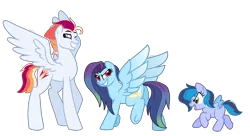 Size: 2409x1311 | Tagged: safe, artist:zafara1222, derpibooru import, oc, oc:cllud burst, oc:flare blitz, oc:whifferdill, unofficial characters only, pegasus, pony, female, filly, male, mare, offspring, parent:rainbow dash, parent:soarin', parents:soarindash, simple background, stallion, transparent background