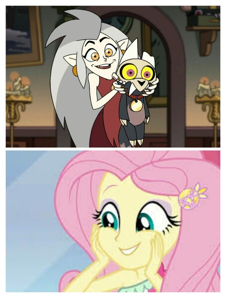 Size: 3106x4096 | Tagged: safe, derpibooru import, edit, edited screencap, screencap, fluttershy, equestria girls, equestria girls series, i'm on a yacht, spoiler:eqg series (season 2), eda, eda the owl lady, edalyn clawthorne, female, king (the owl house), the owl house