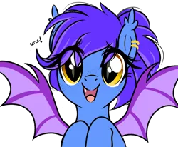 Size: 3300x2720 | Tagged: safe, artist:emberslament, derpibooru import, oc, oc:evening lily, unofficial characters only, bat pony, pony, bat pony oc, bat wings, cute, ear piercing, fangs, female, looking at you, onomatopoeia, piercing, ponytail, simple background, skree, smiling, solo, transparent background, wings