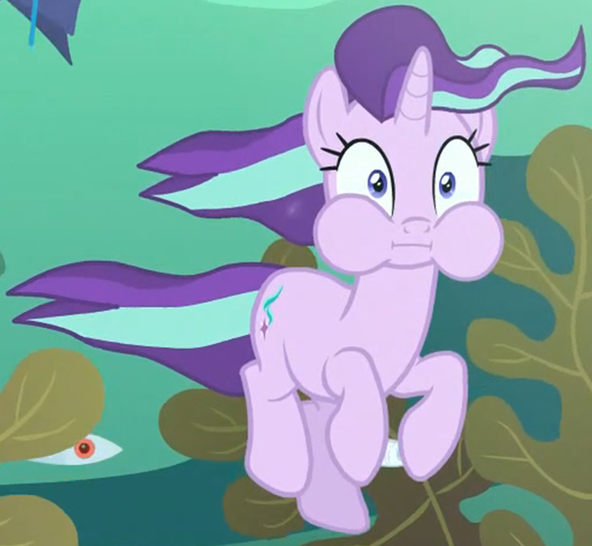 Size: 1154x1063 | Tagged: safe, derpibooru import, screencap, starlight glimmer, fish, pony, unicorn, every little thing she does, female, holding breath, mare, puffy cheeks, seaweed, solo, underwater, water, wide eyes