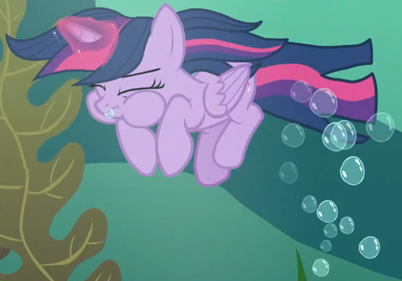 Size: 1362x955 | Tagged: safe, derpibooru import, screencap, twilight sparkle, twilight sparkle (alicorn), alicorn, pony, every little thing she does, bubble, eyes closed, female, holding breath, magic, mare, puffy cheeks, seaweed, solo, underwater, water