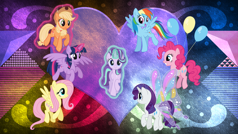 Size: 3840x2160 | Tagged: safe, artist:laszlvfx, artist:osipush, derpibooru import, edit, applejack, fluttershy, pinkie pie, rainbow dash, rarity, starlight glimmer, twilight sparkle, twilight sparkle (alicorn), alicorn, pony, balloon, female, floating, glimmer wings, levitation, magic, mane six, self-levitation, telekinesis, then watch her balloons lift her up to the sky, wallpaper, wallpaper edit, wings