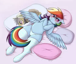 Size: 2409x2039 | Tagged: suggestive, artist:nyanpiyaa, derpibooru import, daring do, rainbow dash, pegasus, pony, adorasexy, bed, belly, blushing, body pillow, chest fluff, clothes, covering, cross-popping veins, cute, daring daki, dashabetes, female, hooves to the chest, laying on bed, lying down, mare, missing cutie mark, on back, on bed, panties, pillow, pouting, sexy, socks, solo, solo female, spread wings, striped socks, striped underwear, tail covering, thigh highs, tsunderainbow, tsundere, underwear, wings